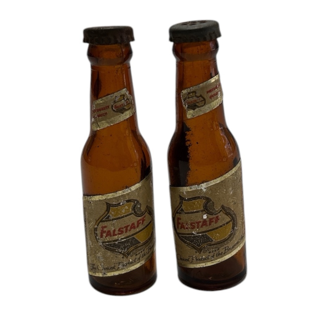 Vintage 1950s Miniature Falstaff Brown Beer Bottle Salt & Pepper Shakers Set